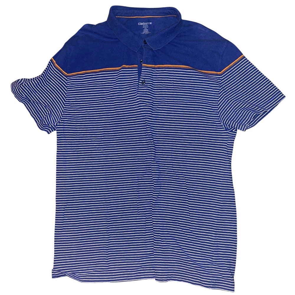 Claiborne Mens XXL Slim Fit Stretch Polo Shirt Blue White Striped Short Sleeve